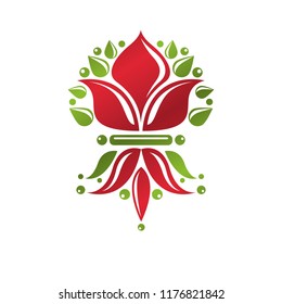 Vintage heraldic vector insignia composed with lily flower royal symbol. Eco friendly product logo, environment protection theme illustration.