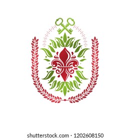 Vintage heraldic vector insignia composed with lily flower royal symbol and security keys. Environment protection theme illustration, save ecology and nature design element.