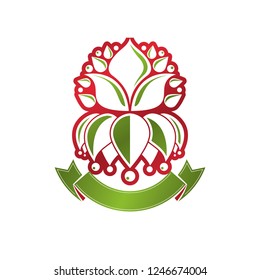 Vintage heraldic vector insignia composed with lily flower royal symbol. Eco friendly product logo, environment protection theme illustration.