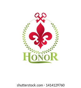 Vintage heraldic vector insignia composed with lily flower royal symbol and security keys. Environment protection theme illustration, save ecology and nature design element.