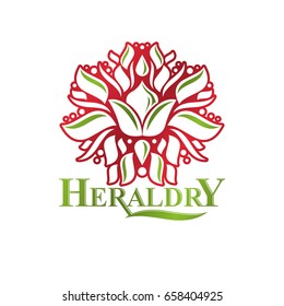 Vintage heraldic vector insignia composed with lily flower royal symbol. Eco friendly product logo, environment protection theme illustration.