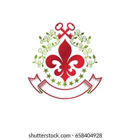 Vintage heraldische Vektorinsignien mit lilafarbenem königlichem Symbol und Sicherheitsschlüsseln. Illustration zum Thema Umweltschutz, Umweltschutz und Naturdesign.