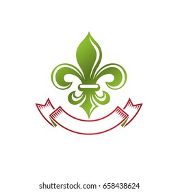 Vintage heraldic vector insignia composed with lily flower royal symbol. Eco friendly product logo, environment protection theme illustration.