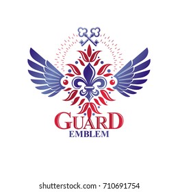 Vintage heraldic vector insignia composed with lily flower symbol and security keys. Royal guard theme illustration, winged design element.