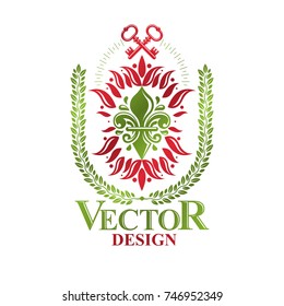 Insignia vectorial heráldica vintage compuesta por símbolo real de flor de lirio y claves de seguridad. Ilustración de temas de protección ambiental, ahorro de elementos de diseño de ecología y naturaleza.