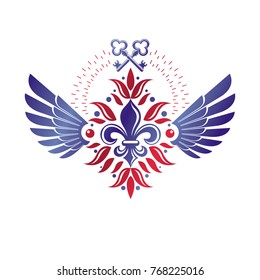 Vintage heraldic vector insignia composed with lily flower symbol and security keys. Royal guard theme illustration, winged design element.