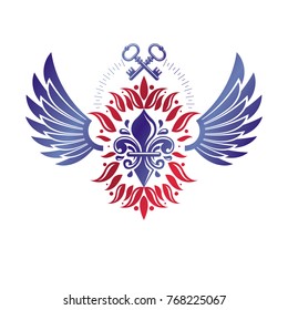 Vintage heraldic vector insignia composed with lily flower symbol and security keys. Royal guard theme illustration, winged design element.