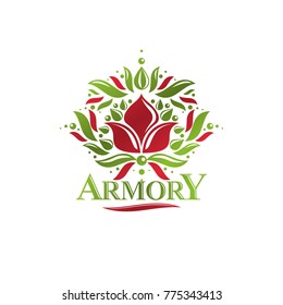 Vintage heraldic vector insignia composed with lily flower royal symbol. Eco friendly product logo, environment protection theme illustration.