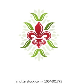 Vintage heraldic vector logotype made using lily flower royal symbol with beautiful blossom. Eco friendly product symbol, king quality theme illustration.
