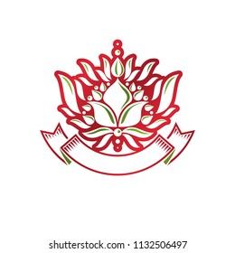 Vintage heraldic vector logotype made using lily flower royal symbol with beautiful blossom. Eco friendly product symbol, king quality theme illustration.