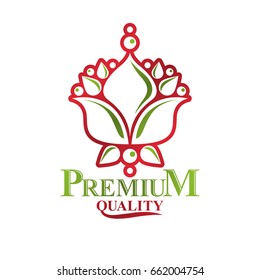 Vintage heraldic vector logotype made using lily flower royal symbol with beautiful blossom. Eco friendly product symbol, king quality theme illustration.