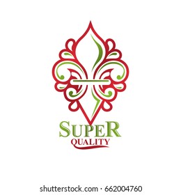 Blootipo vectorial heráldico vintage hecho con el símbolo real de flor de lirio con hermosa flor. Símbolo de producto ecológico, ilustración de tema de calidad king.