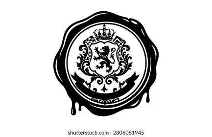 Vintage heraldic wax seal vector stamp, royal coat of arms with lion rampant, crown ornament, decorative blank ribbon, white background