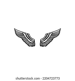 Vintage heraldic wings sketch. Doodle stylized birds wings. Hand drawn contoured stiker wing in open position. Design elements in coloring style