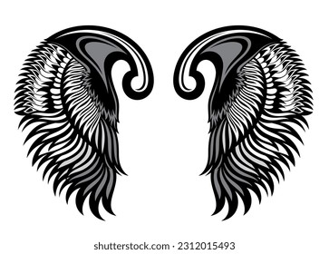 Vintage heraldic wings sketch. Doodle stylized birds wings.  Design element