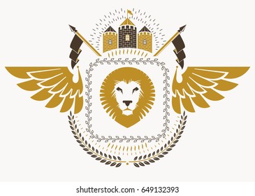 Vintage heraldry design template with bird wings, vector emblem created with wild lion illustration and medieval castle.