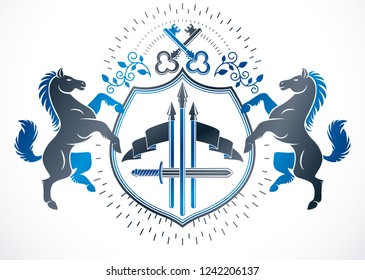 Vintage heraldry design template, vector emblem composed with graceful horse illustration, security keys and weapon,