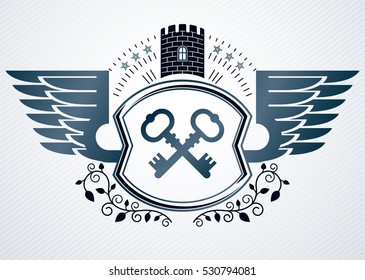 Vintage heraldry design template, vector emblem created using eagle wings, keys and medieval fortress