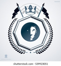 Vintage heraldry design template, vector emblem created with laurel leaf, lion head and monarch crown.