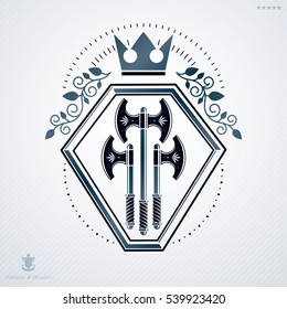 Vintage heraldry design template, vector emblem created with armory and crown.