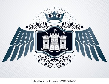 Vintage heraldry design template, vector emblem created using eagle wings, stronghold and royal crown.