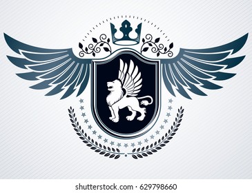 Vintage heraldry design template, vector emblem created using eagle wings, wild lion illustration and monarch crown.
