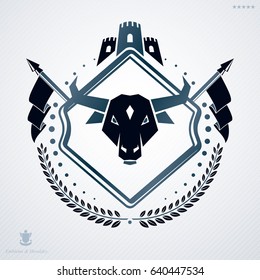 Vintage heraldry design template, vector emblem created with tower and buffalo head.
