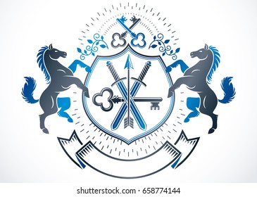 Vintage heraldry design template, vector emblem composed with graceful horse illustration, security keys and weapon,
