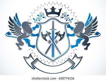 Vintage heraldry design template, vector emblem created using mythology gryphon, royal crown and hatchets.