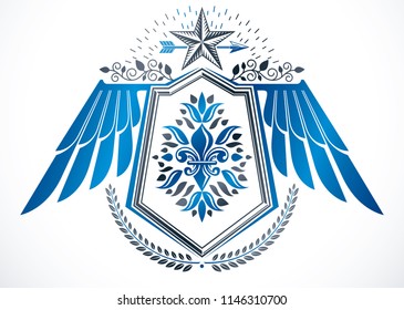 Vintage heraldry design template, winged vector emblem decorated using lily flower, pentagonal stars and laurel wreath