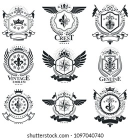 Vintage heraldry design templates, vector emblems. Collection of symbols in vintage style.