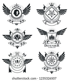 Vintage heraldry design templates, vector emblems. Collection of symbols in vintage style.