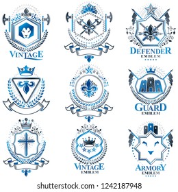 Vintage heraldry design templates, vector emblems created with bird wings, crowns, stars, armory and animal illustrations. Collection of vintage style symbols.