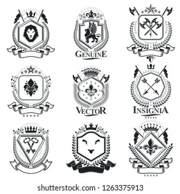 Vintage heraldry design templates, vector emblems. Collection of symbols in vintage style.