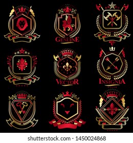 Vintage heraldry design templates, vector emblems created with bird wings, crowns, stars, armory and animal illustrations. Collection of vintage style symbols.