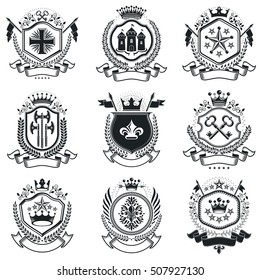 Vintage heraldry design templates, vector emblems. Collection of symbols in vintage style.