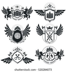 Vintage heraldry design templates, vector emblems. Collection of symbols in vintage style.