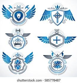 Vintage heraldry design templates, vector emblems created with bird wings, crowns, stars, armory and animal illustrations. Collection of vintage style symbols.
