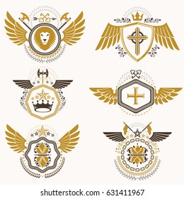 Vintage heraldry design templates, vector emblems created with bird wings, crowns, stars, armory and animal illustrations. Collection of vintage style symbols.