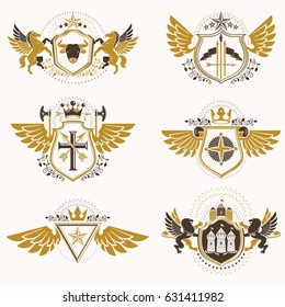 Vintage heraldry design templates, vector emblems created with bird wings, crowns, stars, armory and animal illustrations. Collection of vintage style symbols.