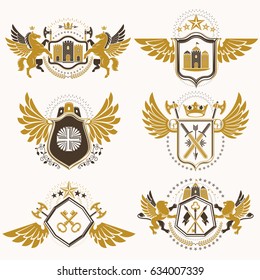 Vintage heraldry design templates, vector emblems created with bird wings, crowns, stars, armory and animal illustrations. Collection of vintage style symbols.