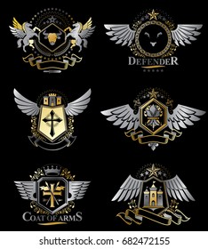 Vintage heraldry design templates, vector emblems created with bird wings, crowns, stars, armory and animal illustrations. Collection of vintage style symbols.