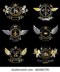 Vintage heraldry design templates, vector emblems created with bird wings, crowns, stars, armory and animal illustrations. Collection of vintage style symbols.