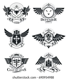 Vintage heraldry design templates, vector emblems. Collection of symbols in vintage style.