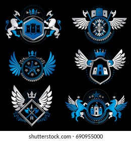 Vintage heraldry design templates, vector emblems created with bird wings, crowns, stars, armory and animal illustrations. Collection of vintage style symbols.