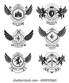 Vintage heraldry design templates, vector emblems. Collection of symbols in vintage style.
