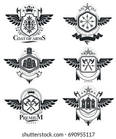 Vintage heraldry design templates, vector emblems. Collection of symbols in vintage style.