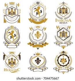 Vintage heraldry design templates, vector emblems created with bird wings, crowns, stars, armory and animal illustrations. Collection of vintage style symbols.