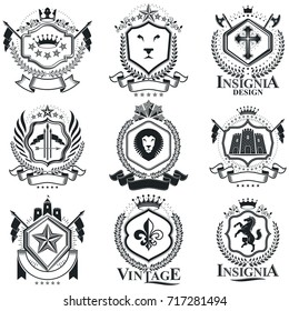 Vintage heraldry design templates, vector emblems. Collection of symbols in vintage style.