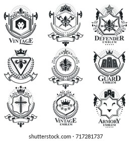 Vintage heraldry design templates, vector emblems. Collection of symbols in vintage style.